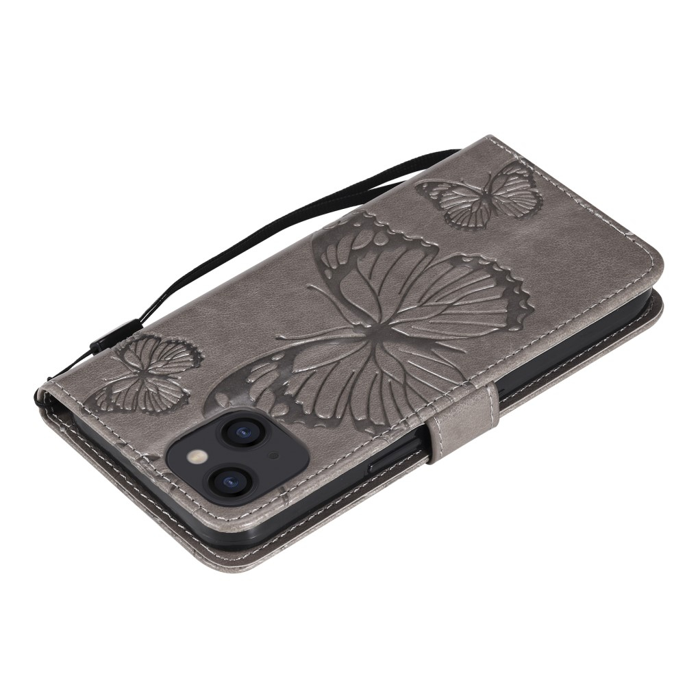 iPhone 13 Leder Tasche mit Kartenfach   Handschlaufe Schmetterling - Grau