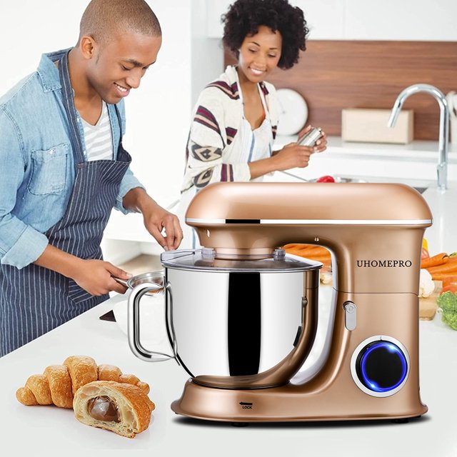 Batedeira de pedestal uhomepro de 7,5 QT para cozinha, 6 velocidades + 0 + P, cabeça inclinável, 660 W, batedeira elétrica para massa, uso doméstico e comercial, com gancho para massa, batedor, batedor de ovos, espátula, própria para lava-louças.