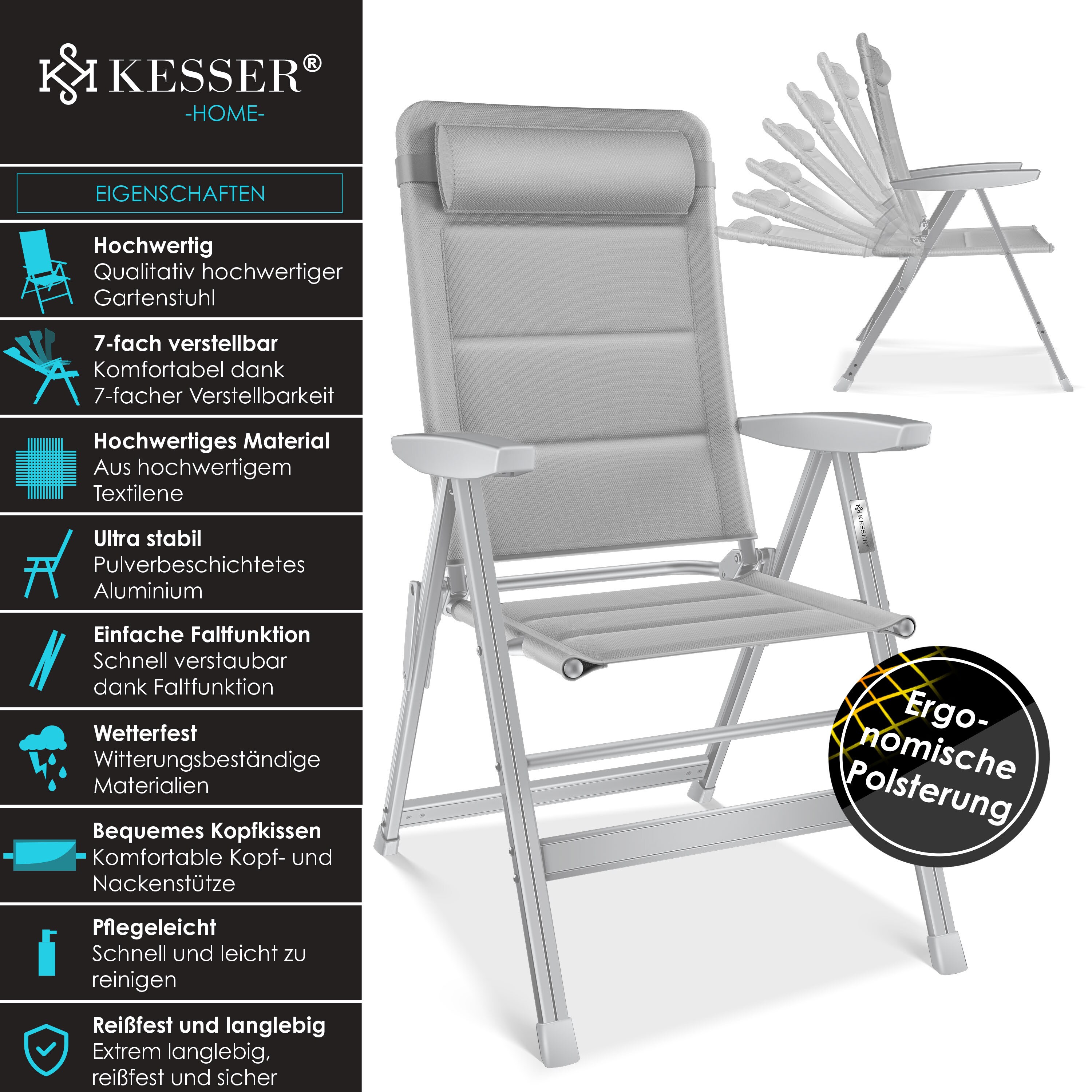 KESSER® Gartenstuhl Hochlehner mit Armlehnen | Aluminium Klappstuhl inkl. Kopfkissen Campingstuhl 7-Fach Verstellbar Rückenlehne | Atmungsaktiv & Wetterfest | Klappbar & Anti-Rutsch