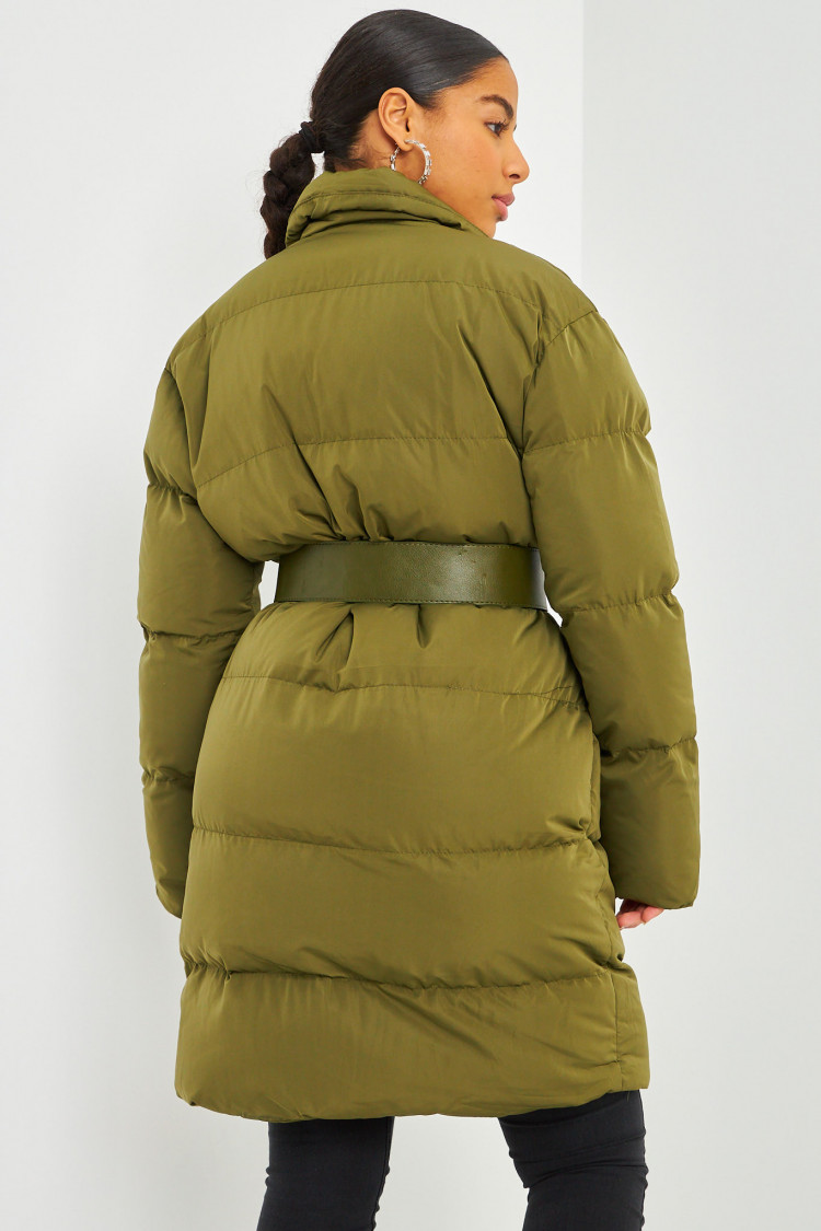 Doudoune ceinturée longue kaki