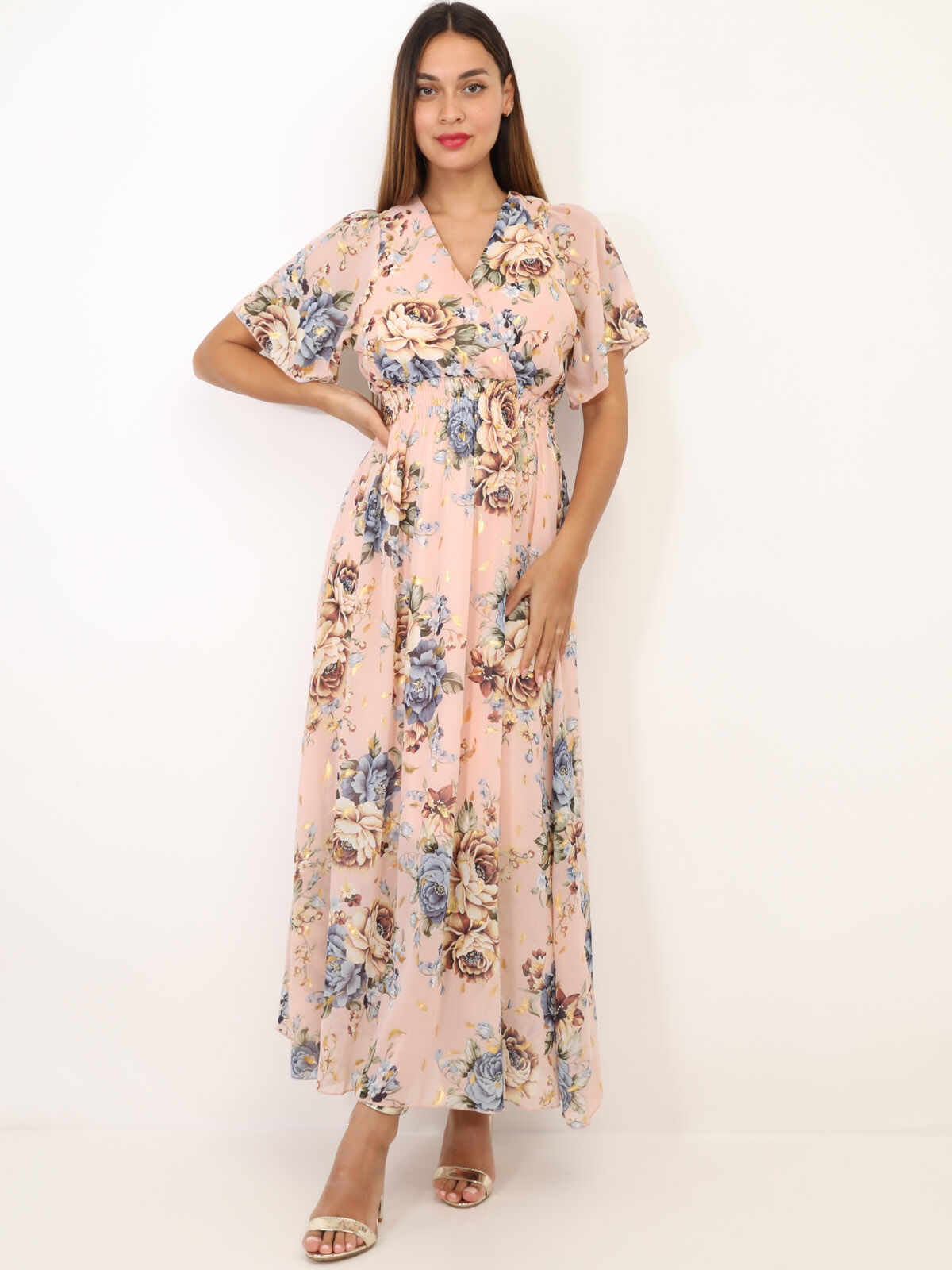 Robe longue cache cœur à fleurs- Rose