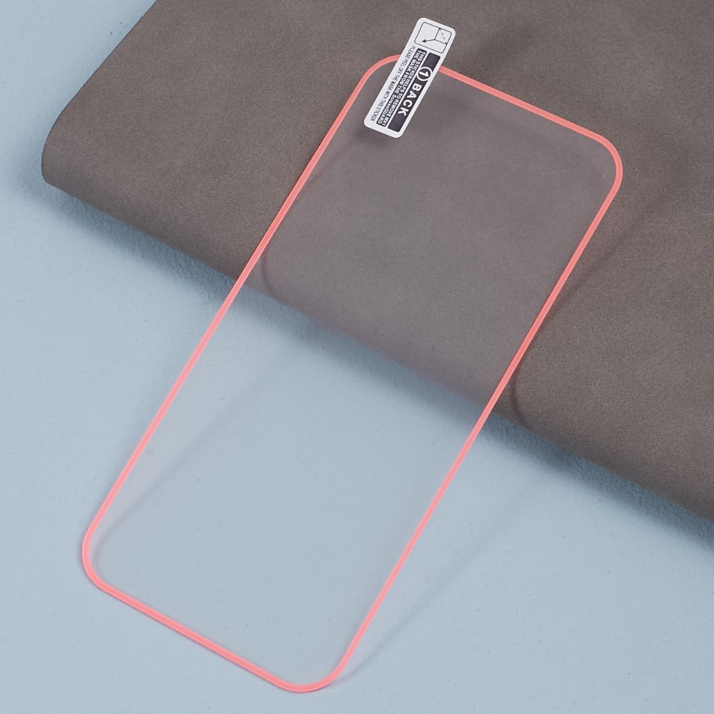 iPhone 15 Full-Screen Vollbild Glas Fluoreszierender Display Schutz mit Leuchtendem Alu Rahmen - Pink / Transparent