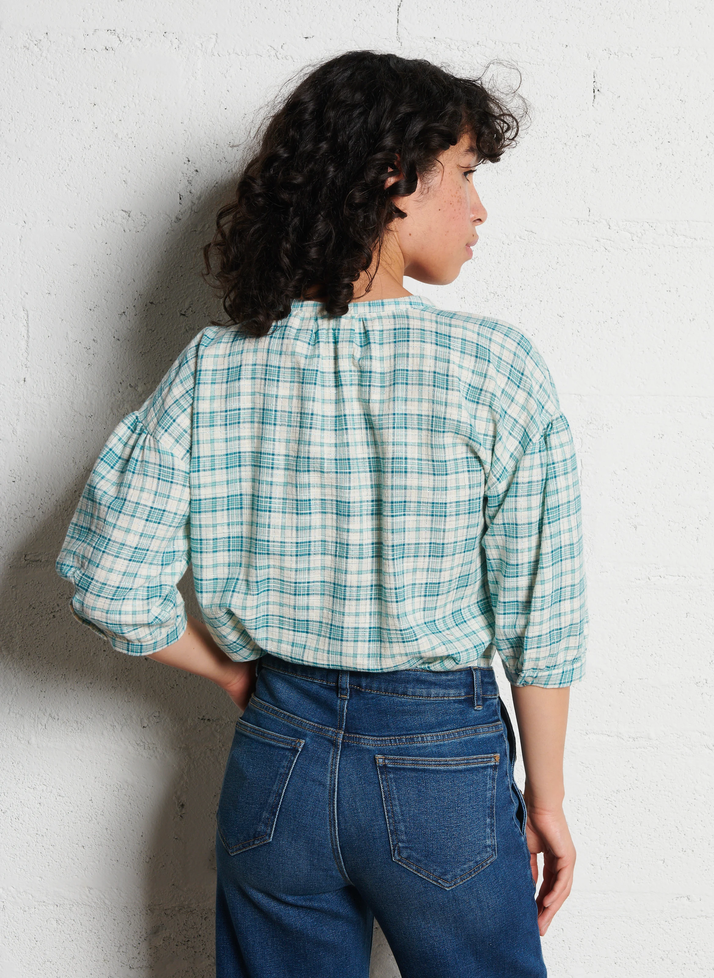 BELLE - Chemise droite imprimée en coton mélangé | Bleu
