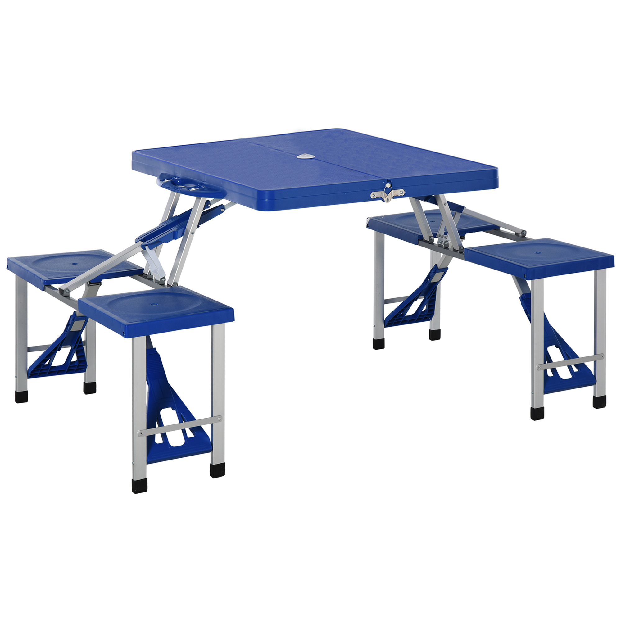 Mesa dobrável portátil Outsunny azul para camping, com 4 assentos e orifício para guarda-sol.