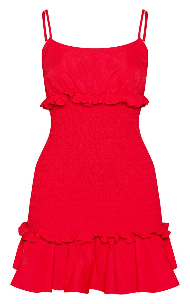 Rouge Robe Courte Droite À Bretelles En Tissu Froncé