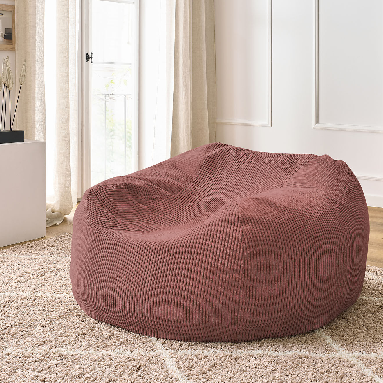 Bobochic Pouf ultra moelleux en Velours côtelé Voltaire rose - 120x70x60 cm