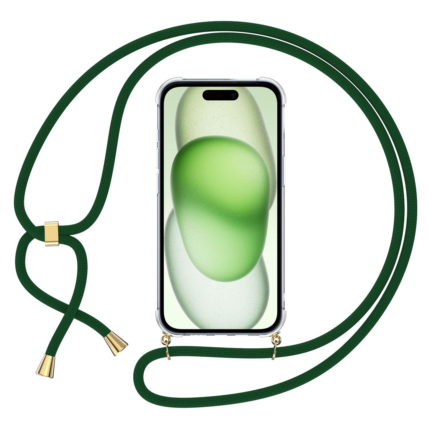 iPhone 15 Necklace Gummi Hülle Air Cushion Fallschutz   Handykette (150cm) - Dunkelgrün / Gold