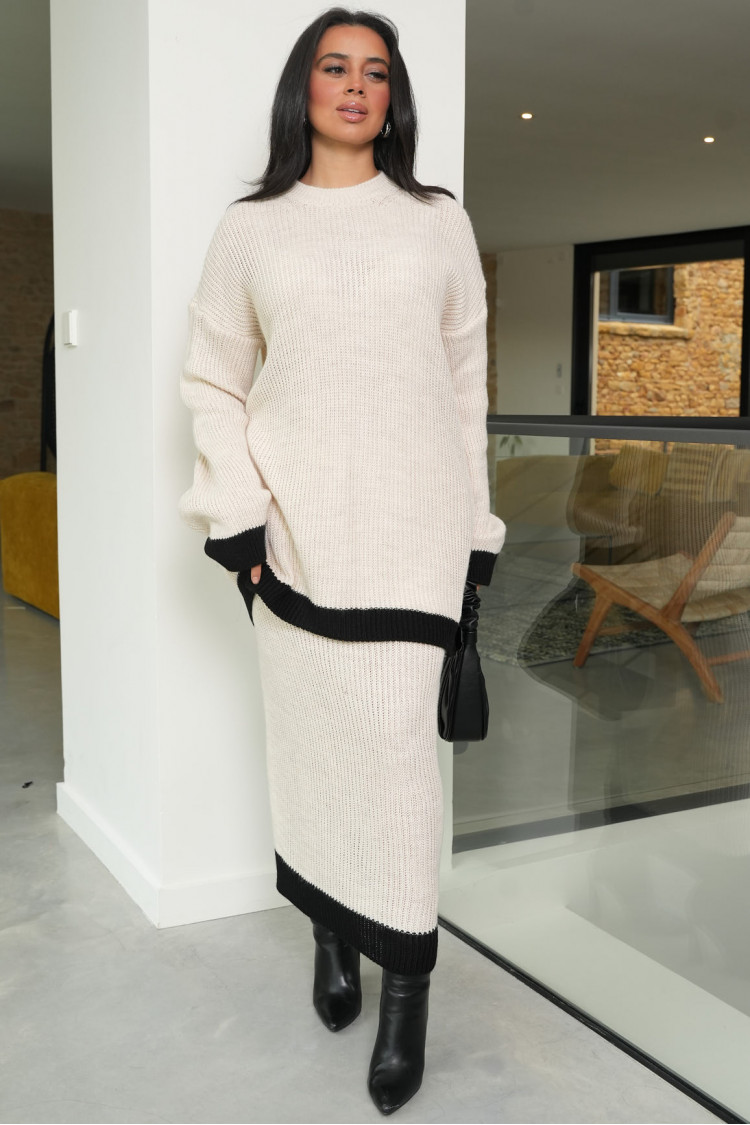 Ensemble 2 pièces pull + jupe bicolore beige et noir
