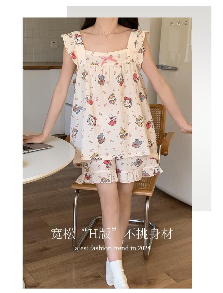 Sweetzer - Pyjamatop met kapmouwen, vierkante hals, cartoonprint en strik / Loungeshorts / Midi-slaapjurk / Set