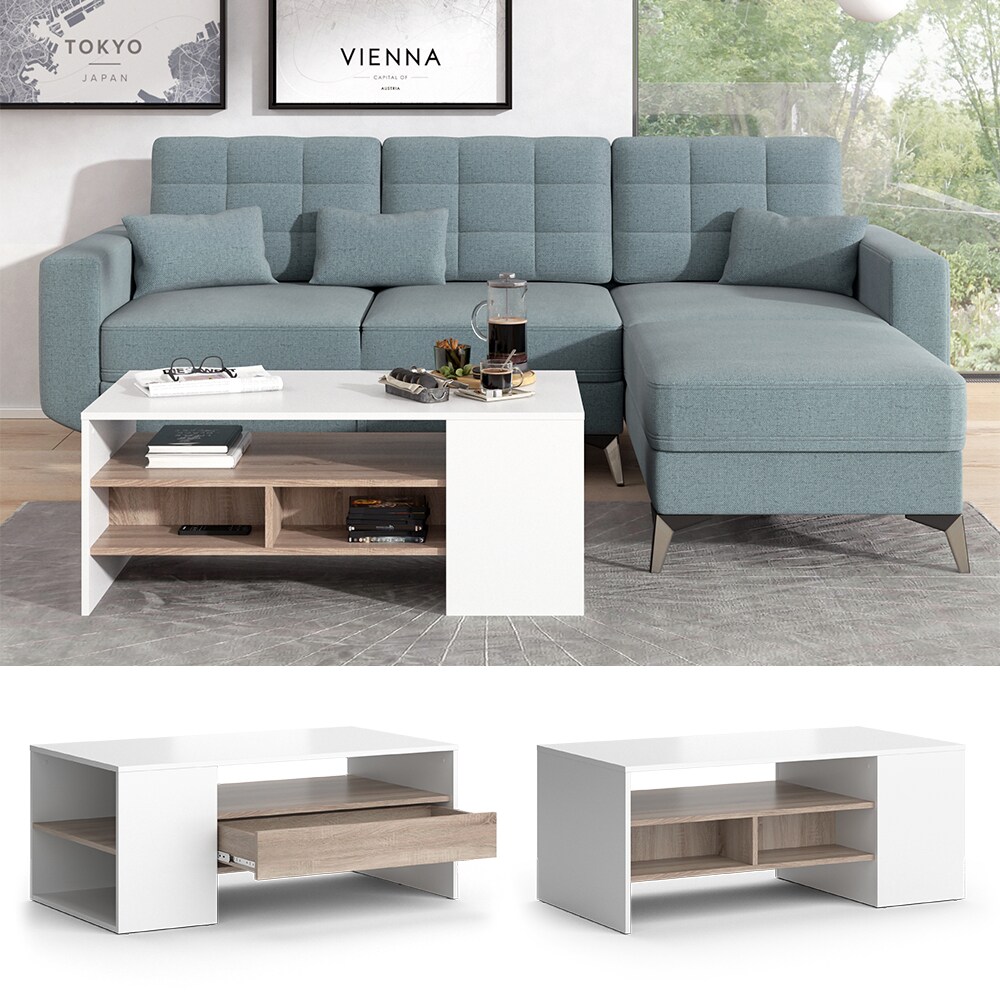 Vicco Couchtisch Sofatisch Kaffeetisch Fabien Weiß Sonoma Wohnzimmer Tisch 110x45 cm modern Ablage Fach Schublade Beistelltisch Stubentisch
