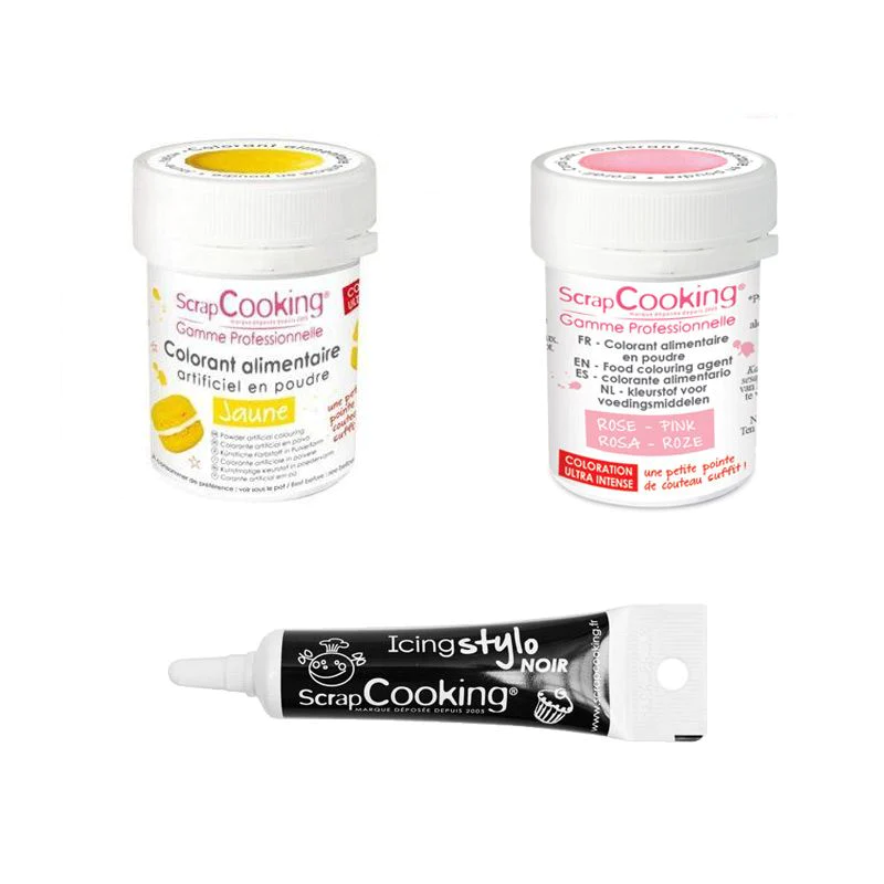 2 colorants alimentaires jaune-rose poudré + Stylo glaçage noir Scrapc
