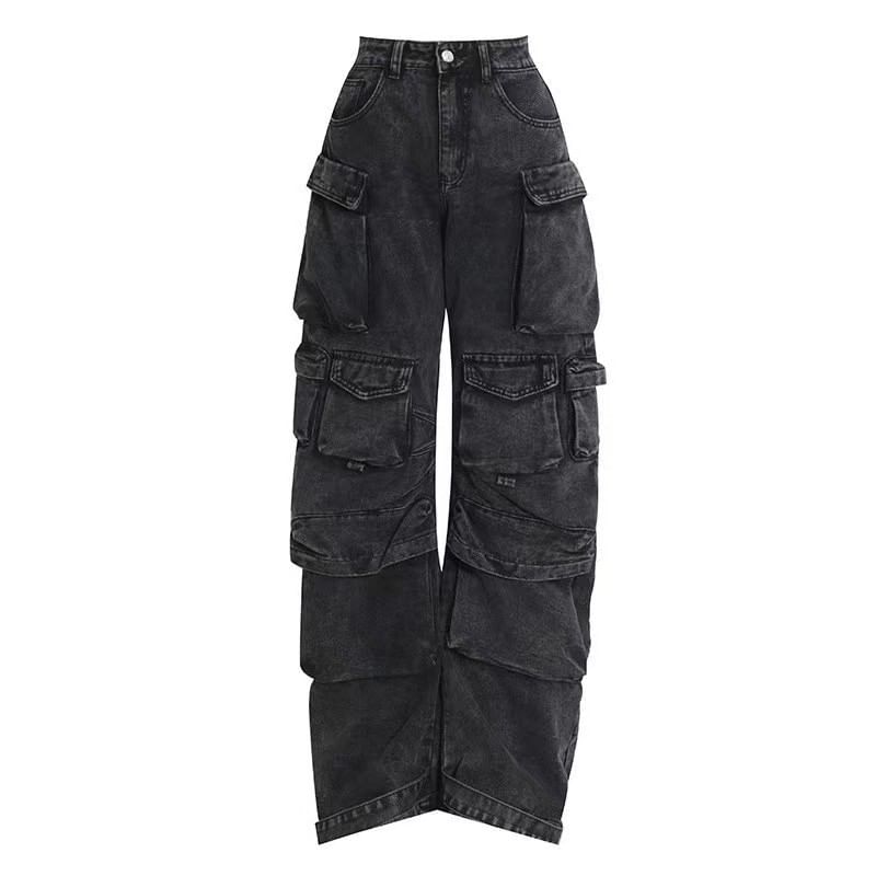 Jerolenea - High Rise Washed Wide Leg Cargo Jeans