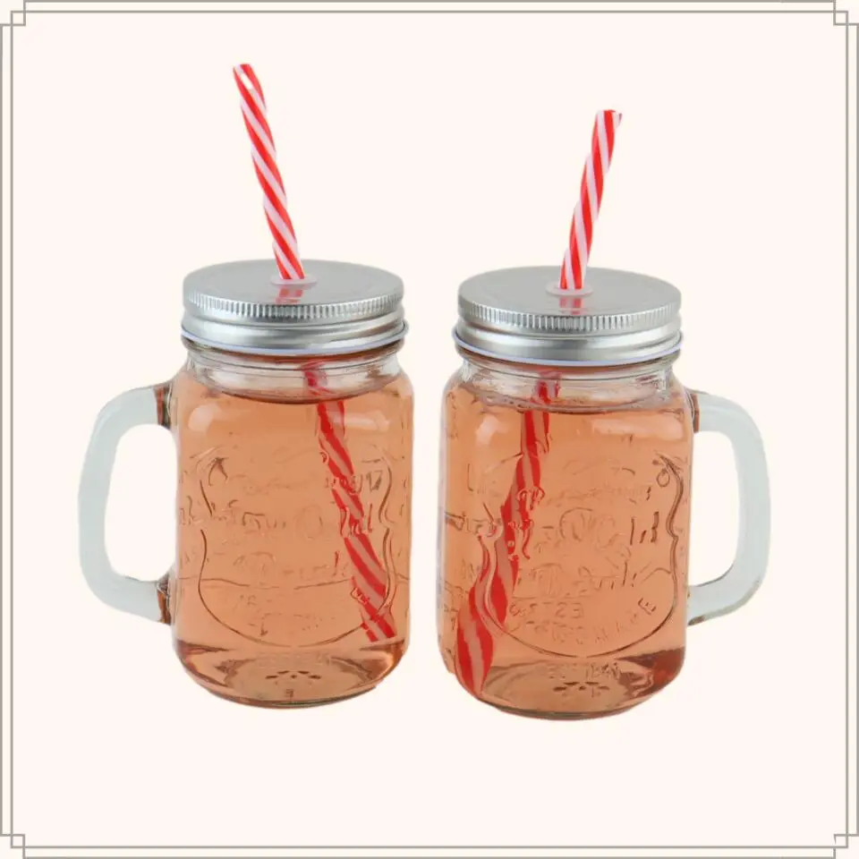OTIX Mason jar Drinkbeker met Rietje Set van 4 Zilvere dop 450 ml