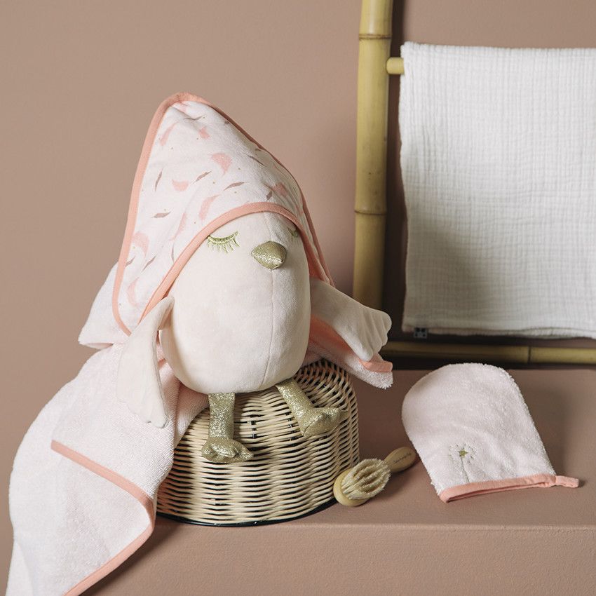 Set de bain avec cape motif plumes et gant - Rouge