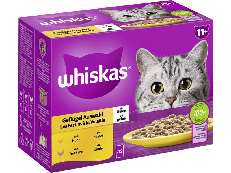 Whiskas Nassfutter Geflügel in Gelee 11 , 12 x 85g Alleinfuttermittel für ausgewachsene Katzen