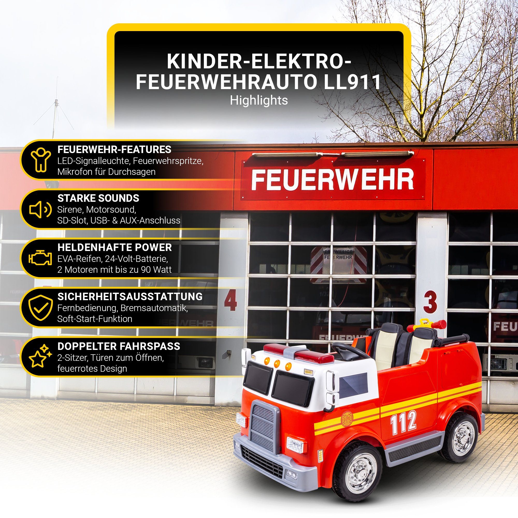 Carrinho elétrico infantil Actionbikes Motors, modelo LL911, estilo bombeiro, com controle remoto, seringa e sirene, capacidade de carga de 40 kg (2 peças), brinquedo infantil de dois lugares a partir de 3 anos de idade.