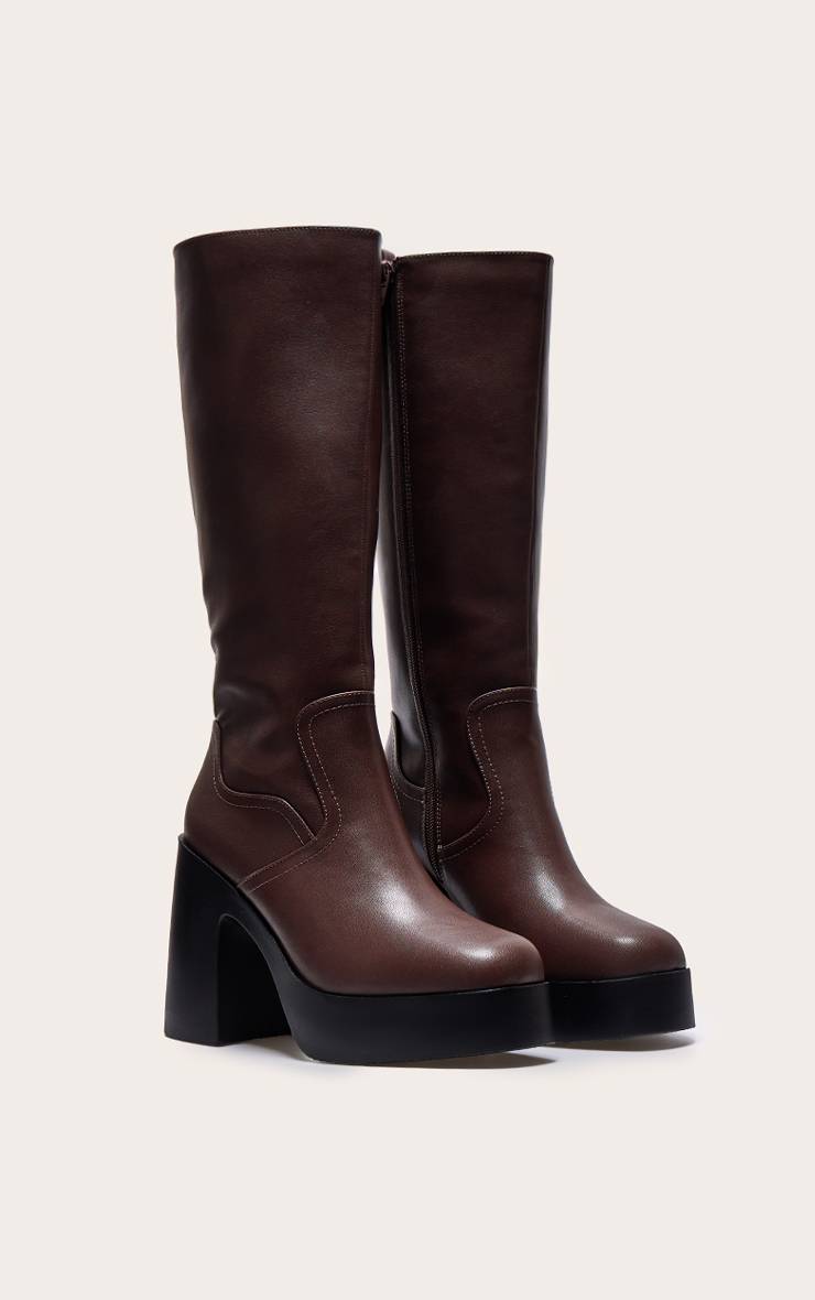 Chocolat Bottes Hautes Au Genou En Synthétiquecuir À Bout Carré Talon Bloc Plateforme Légère Coupe Large