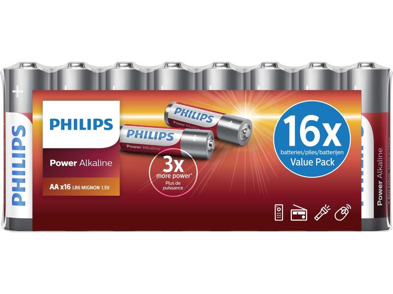 Philips Batterie Power Alkaline AA , 16 Stück Alkaline AA Batterie für Geräte mit hohem Stromverbrauch