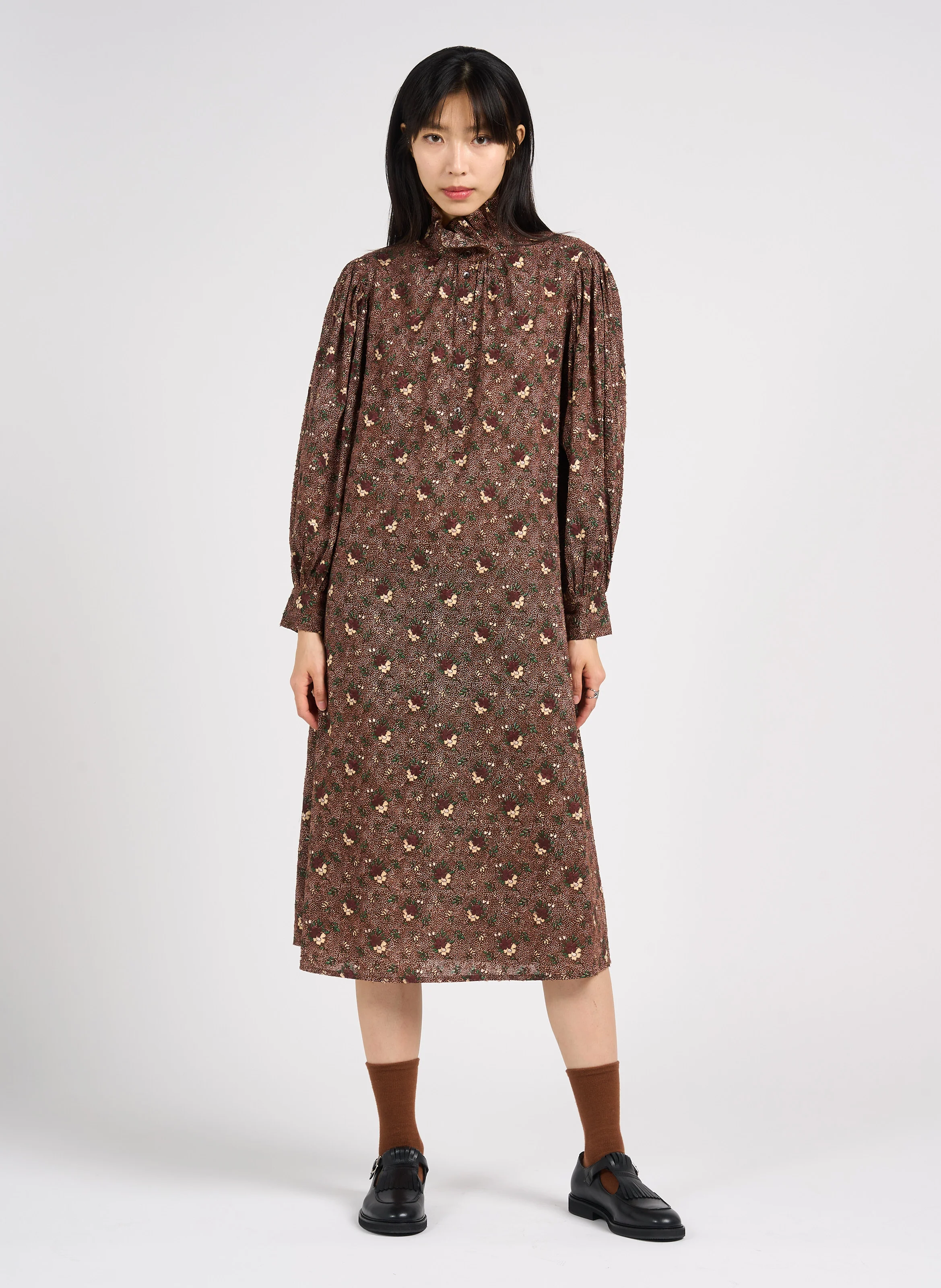 PADDY - Robe longue droite col montant en coton | Marron