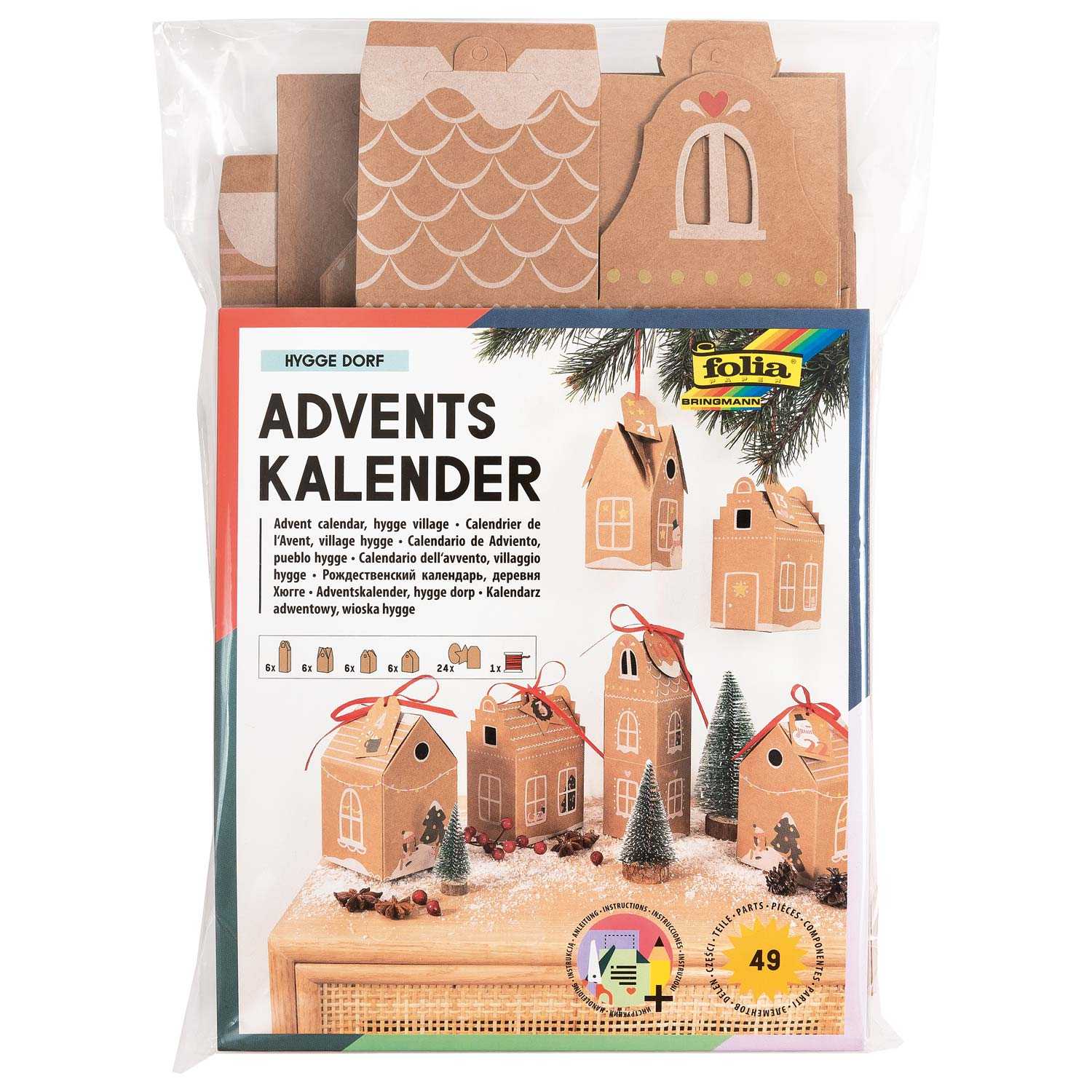 Folia Hygge Dorf Adventskalender-Set mit 24 lebensmittelechten Tüten & Zubehör 49teilig