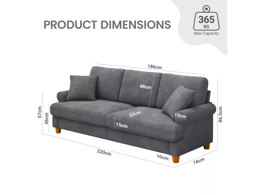 Canapé confort 3 places, Tissu en Chenille, avec accoudoirs,coussins et 2 oreillers, Charge max 365 kg - 220x76x86 cm