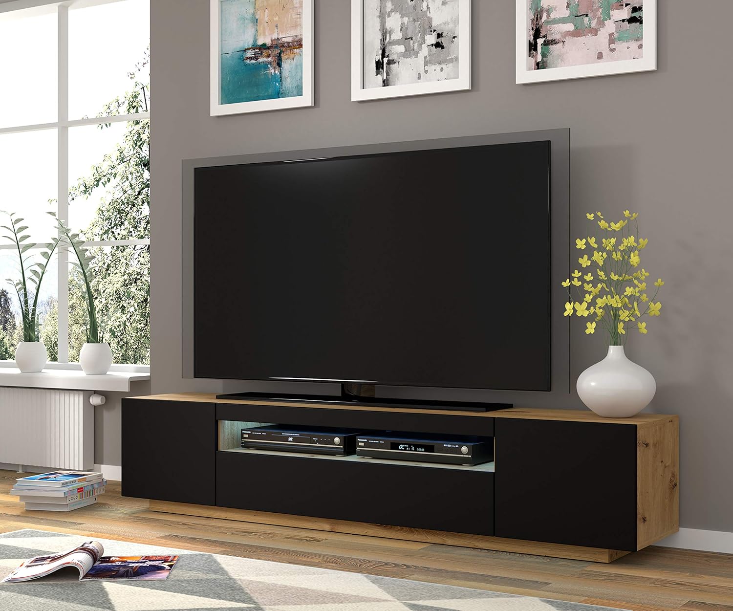 BIM Furniture Lowboard TV 200 cm - Universell Sideboard mit Laminierten Fronten, Hängend oder stehend - Fernsehschrank HiFi Schrank fürs Wohnzimmer Artisan Eiche und Schwarz Matt