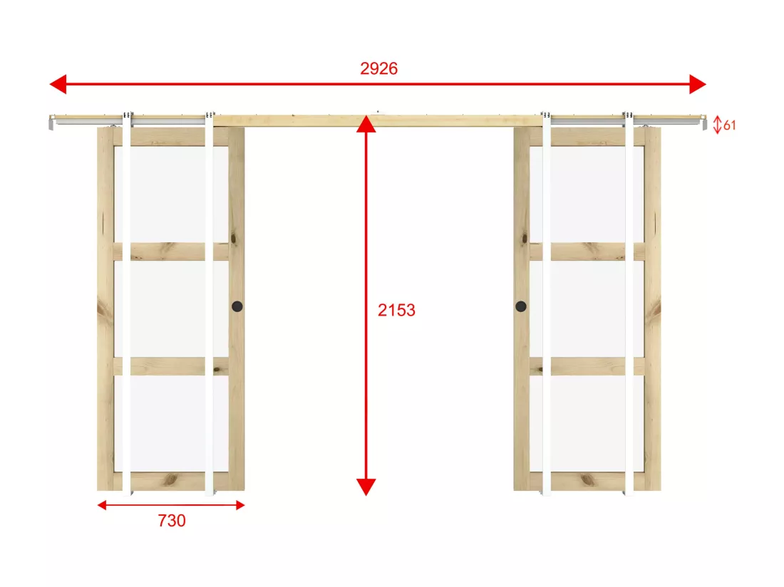 Porte coulissante double avec système à galandage en bois et verre trempé - 3 fenêtres - 2 x H205 x L73 cm - ACOSTA II