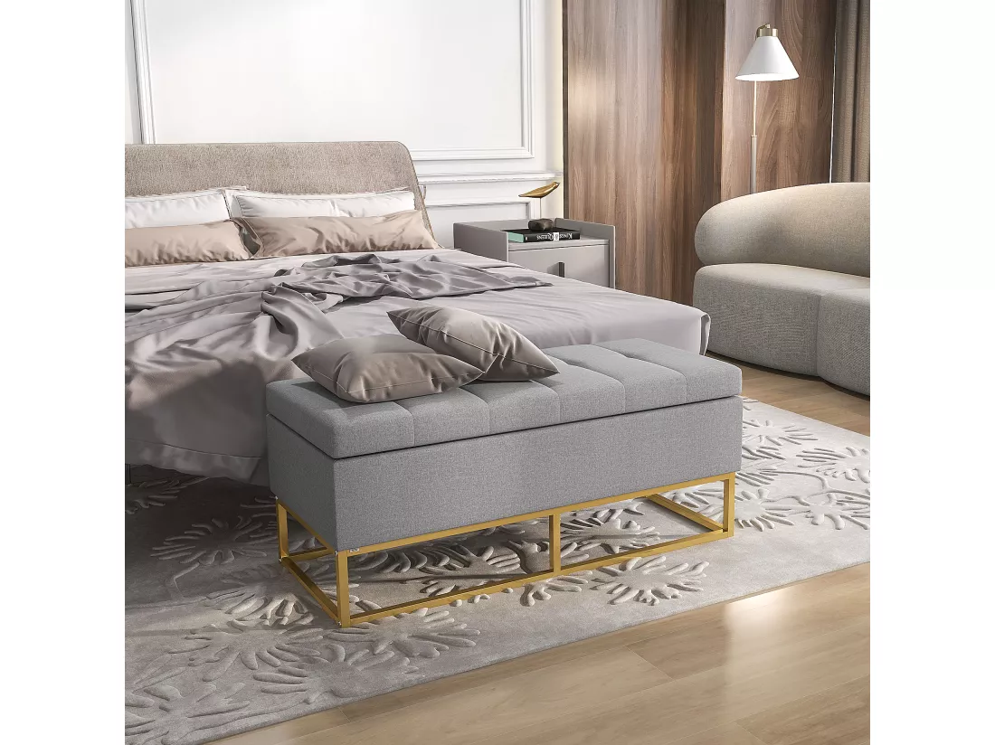 Banc banquette coffre de rangement 2 en 1 piètement acier doré assise capitonnée tissu gris