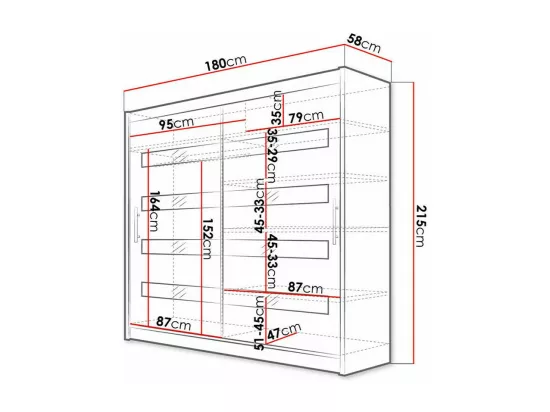 Armoire Closico 156, Noir|Blanc brillant, 215x180x58cm, Portes d'armoire: Glissement