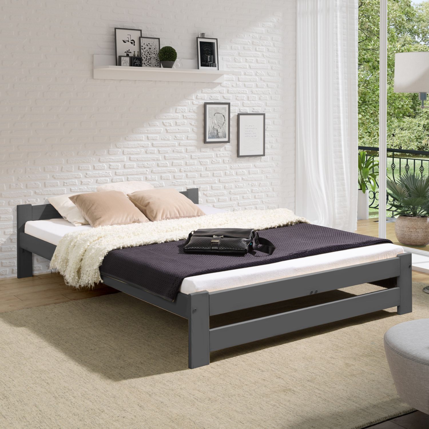 Coemo Bett Classico Lattenrost Massivholz Kiefer 140x200cm anthrazit
