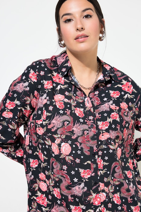 Hemdbluse, Boxy Shape, Asia-Print, Langarm