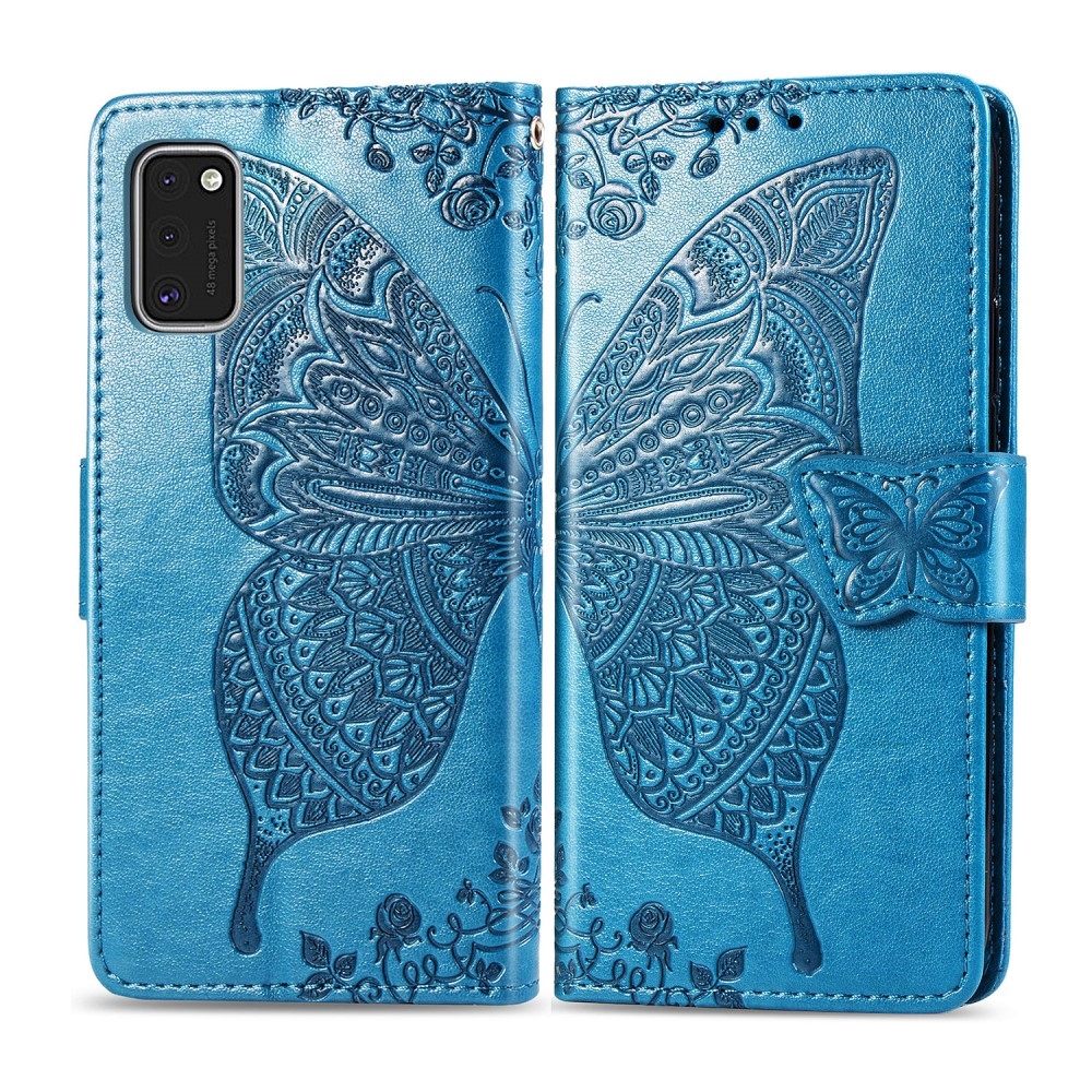 Samsung Galaxy A41 Leder Tasche Flip Cover Schmetterlinge Imprint - Blau