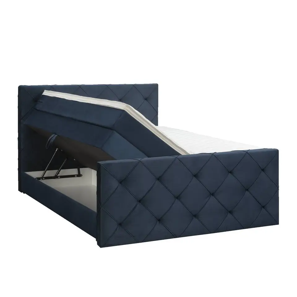 Boxspring met opbergruimte en voetbord Liv geruit - blauw - 180x200cm