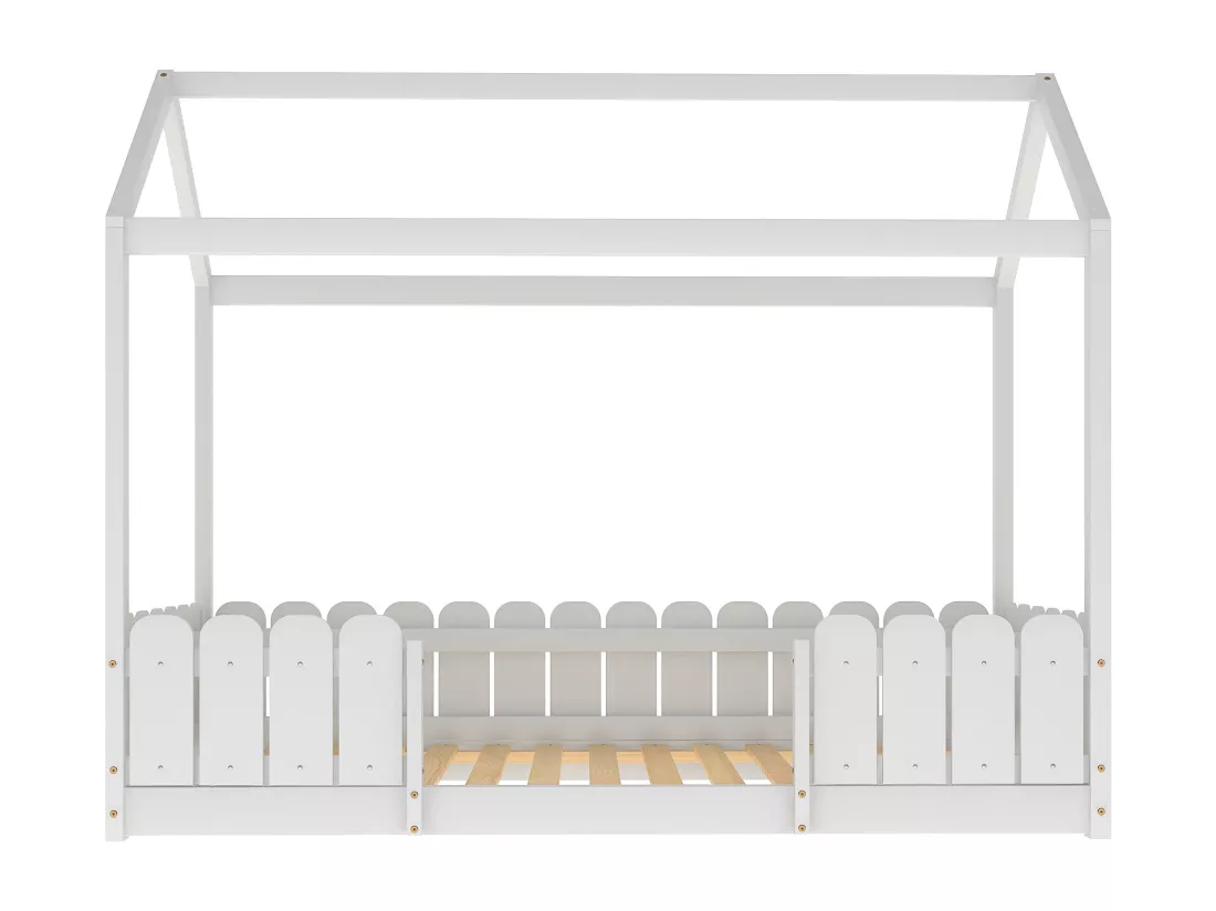 Lit cabane enfant - 90 x 200 cm - bois massif - barrière et sommier à lattes - blanc