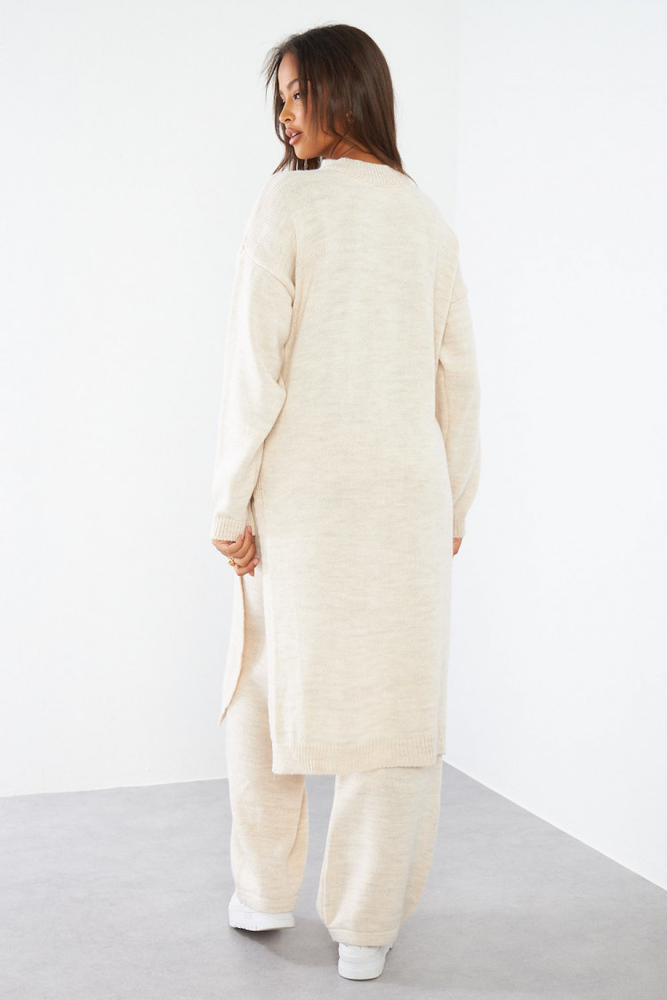 Ensemble 2 pièces pull long + pantalon en laine beige