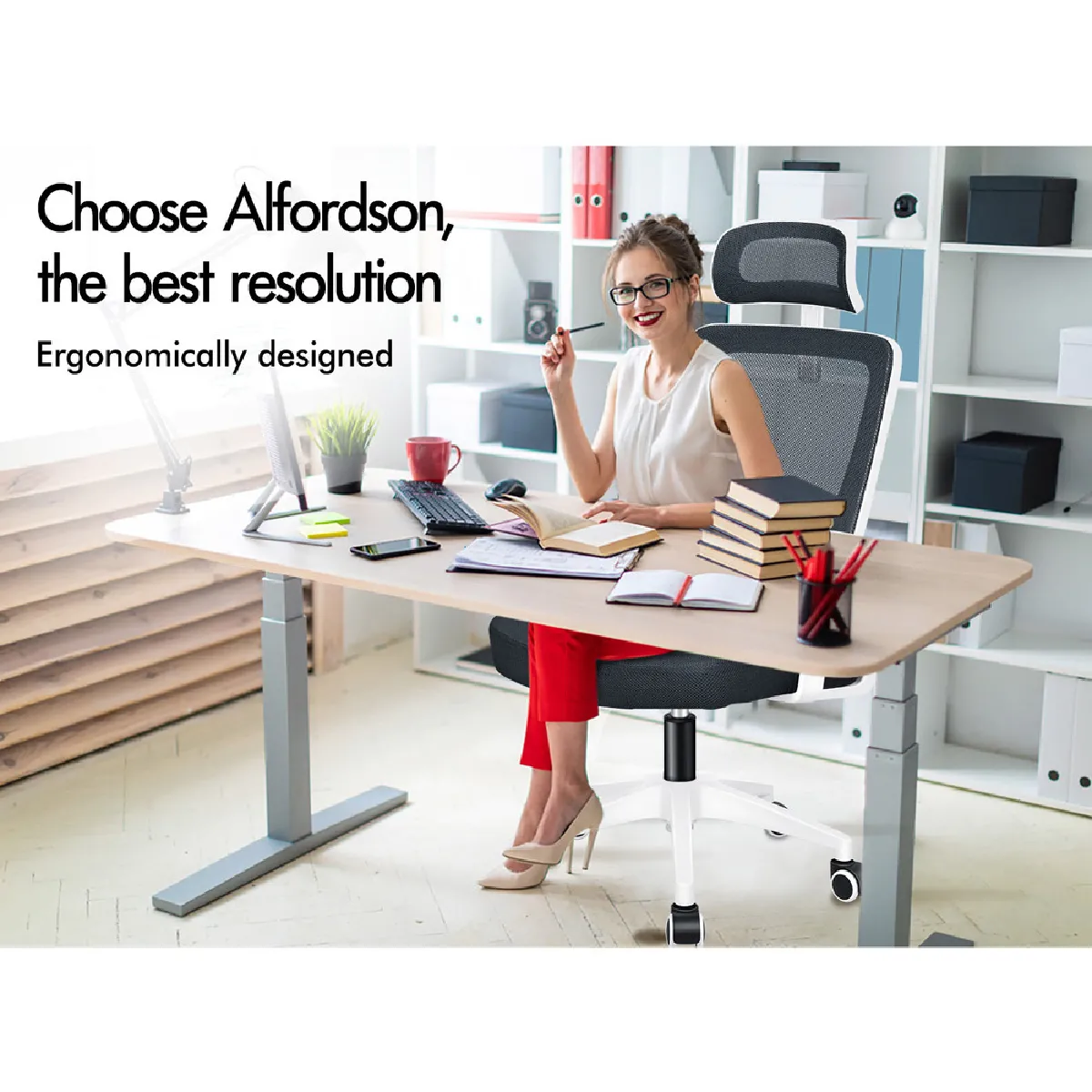 Alfordson Chaise de Bureau Jeu - Blanc et Noir