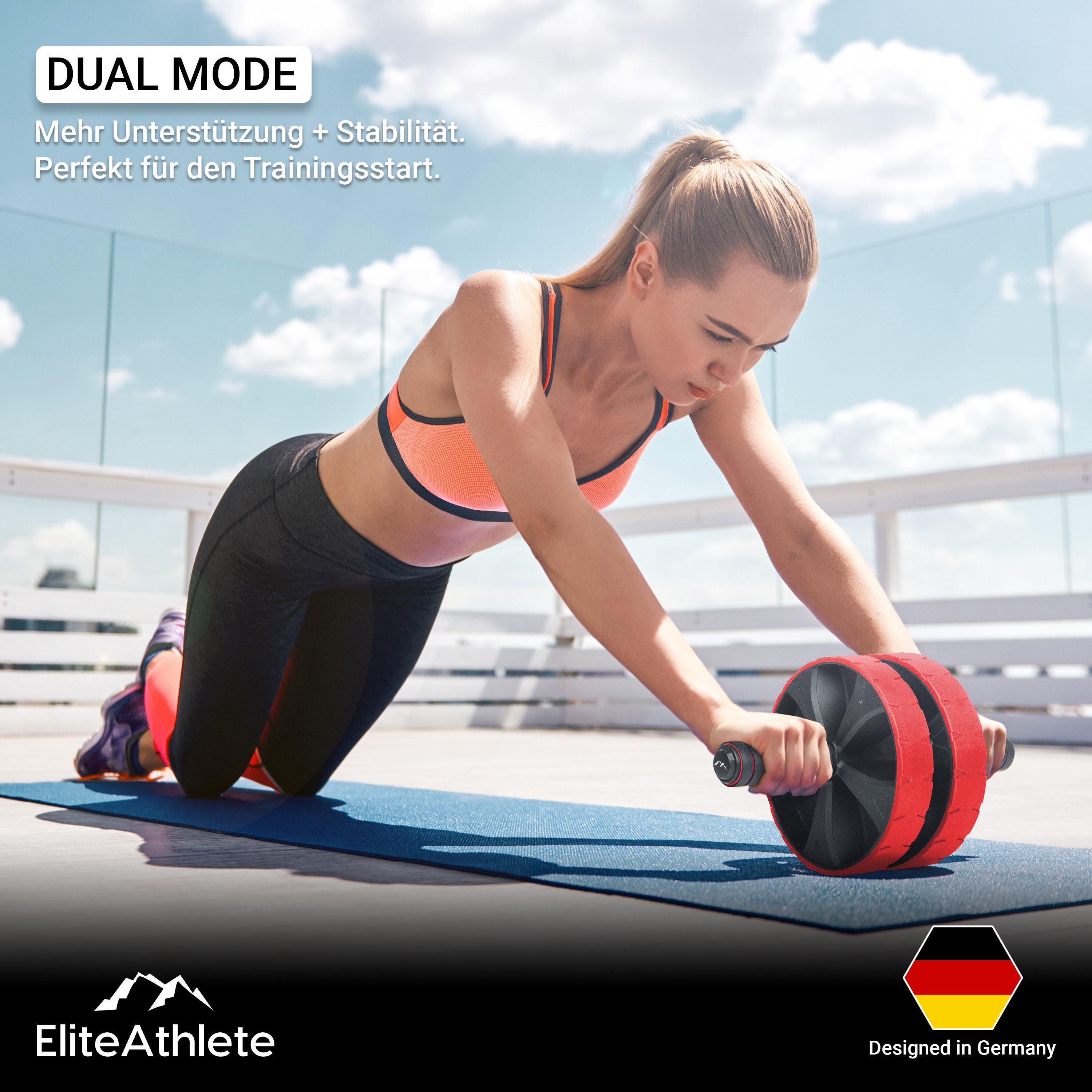EliteAthlete® Bauchroller Bauchmuskeltrainer - Bauchtrainer für Zuhause - Bauch Weg Abdominal Trainer - AB Wheel Roller inkl. gepolsterter Kniematte - Rot