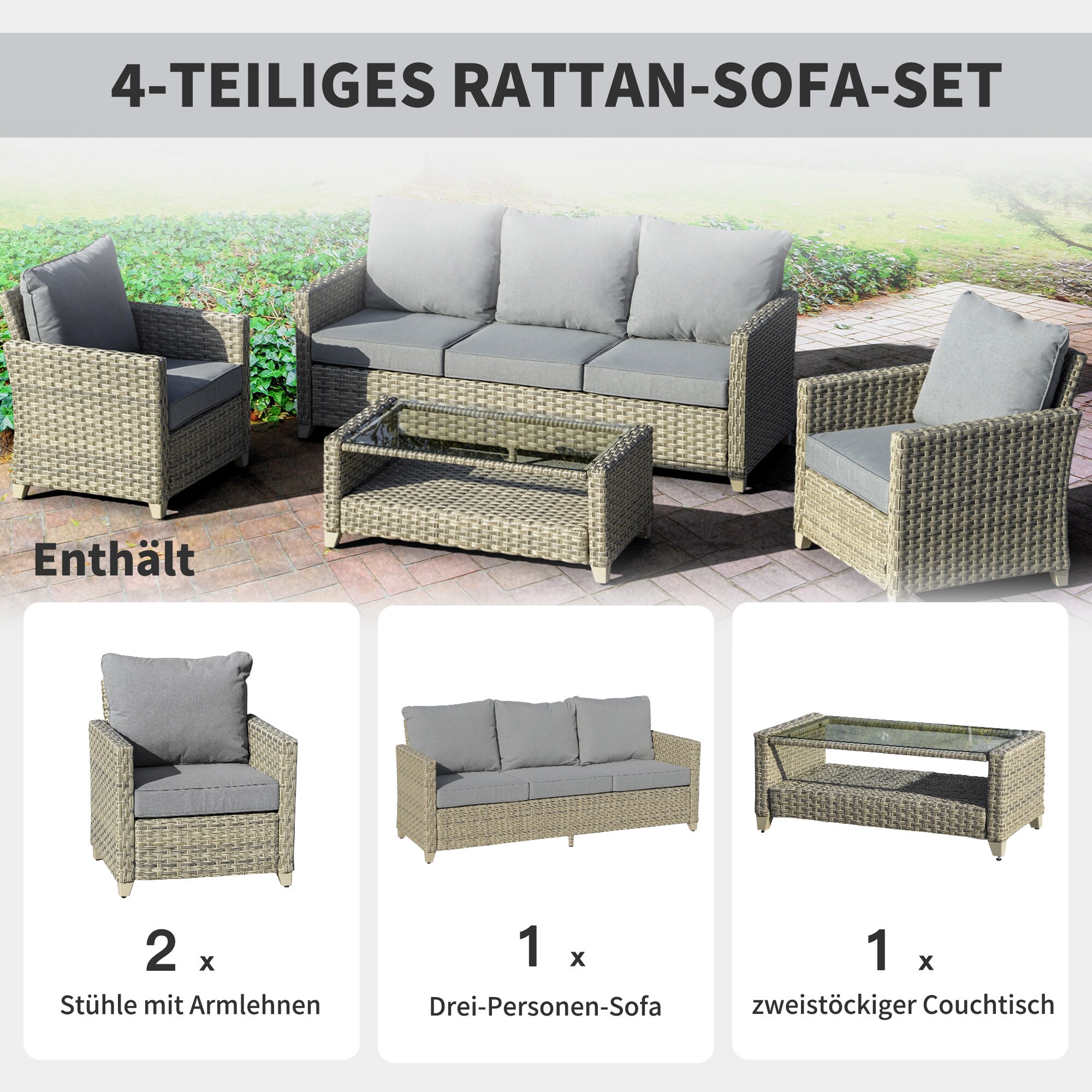 Outsunny Gartenmöbel Set mit Couchtisch bunt 193L x 77B x 80,5H cm