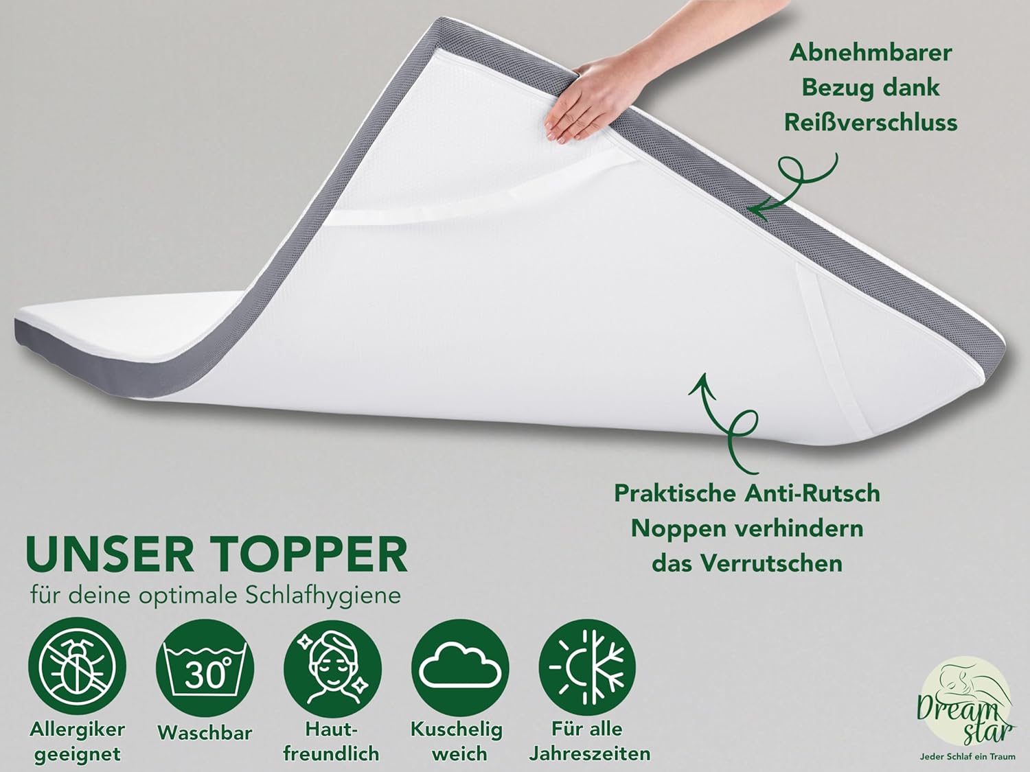 DREAMSTAR Komfort Topper 180x200 cm 7-Zonen | Visco Matratzentopper atmungsaktiv, rutschfest & waschbar | H 2 & H 3 (H2/H3) | Öko-TEX® | 7 cm hoch | 180 x 200cm