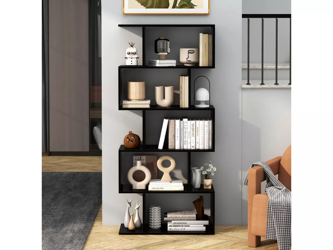 Bibliothèque en Forme de S, Étagère à 5 Niveaux, Meuble de Rangement avec Anti-basculement, 70 x 23,5 x 158 cm, pour Salon, Chambre, Bureau, Noir