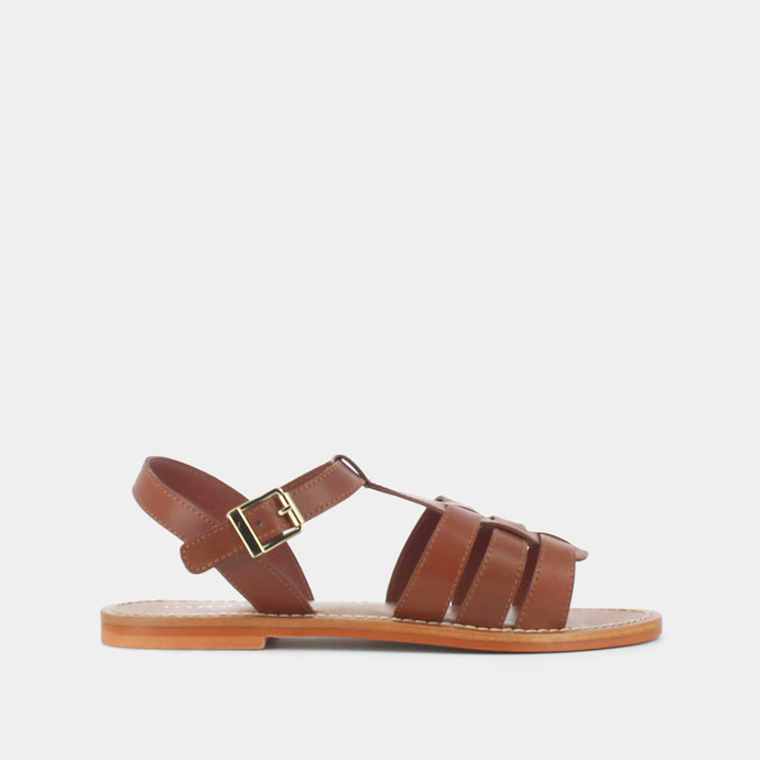 Sandales plates tressées  en cuir cognac
