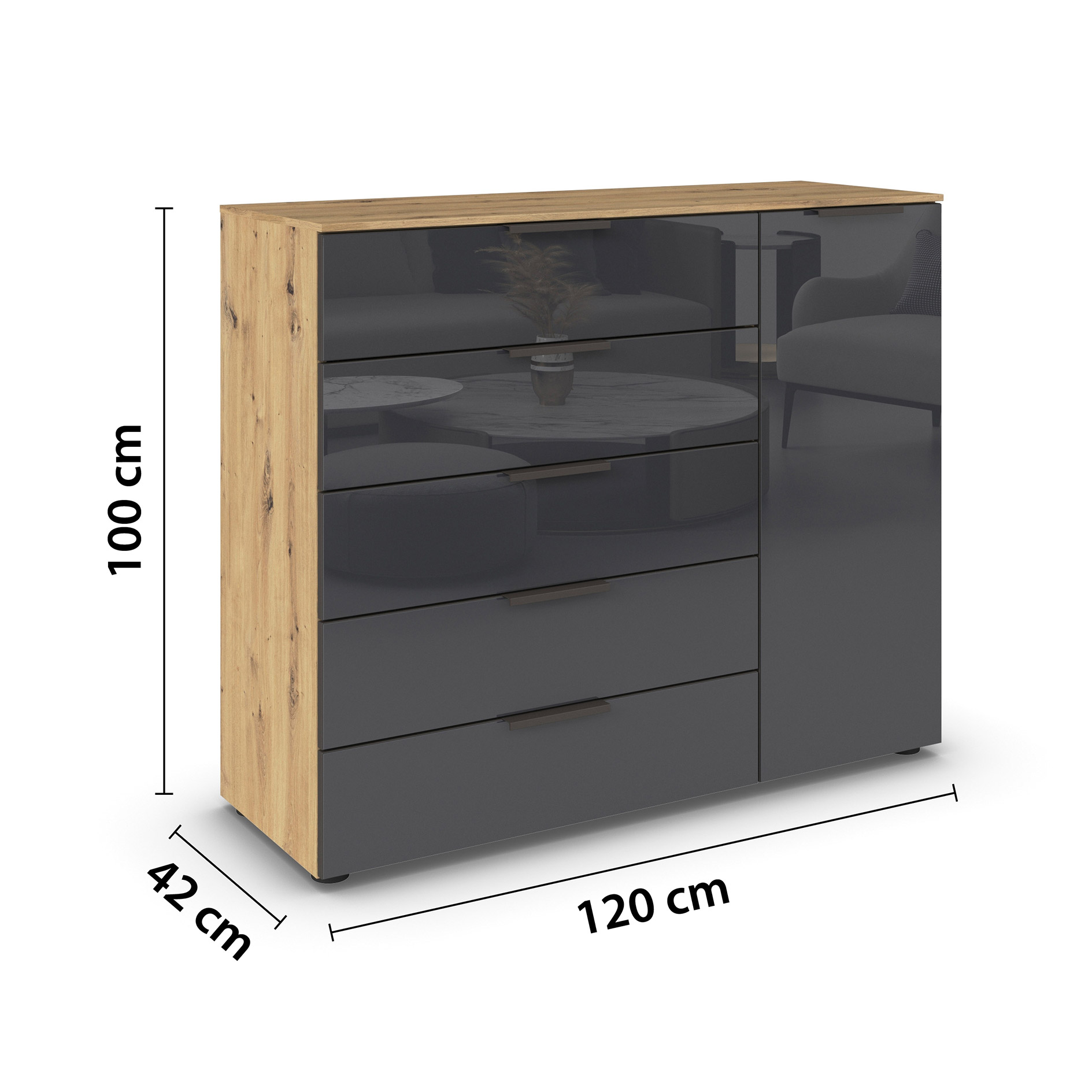 Kommode - Artisan Eiche - Basaltglas - Graphitgriffe - 120 cm