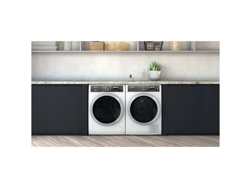 Hotpoint H8 D94WB EU, Fritstående, Front-læsning, Varmepumpe, Hvid, Dreje, Berøring, Højre
