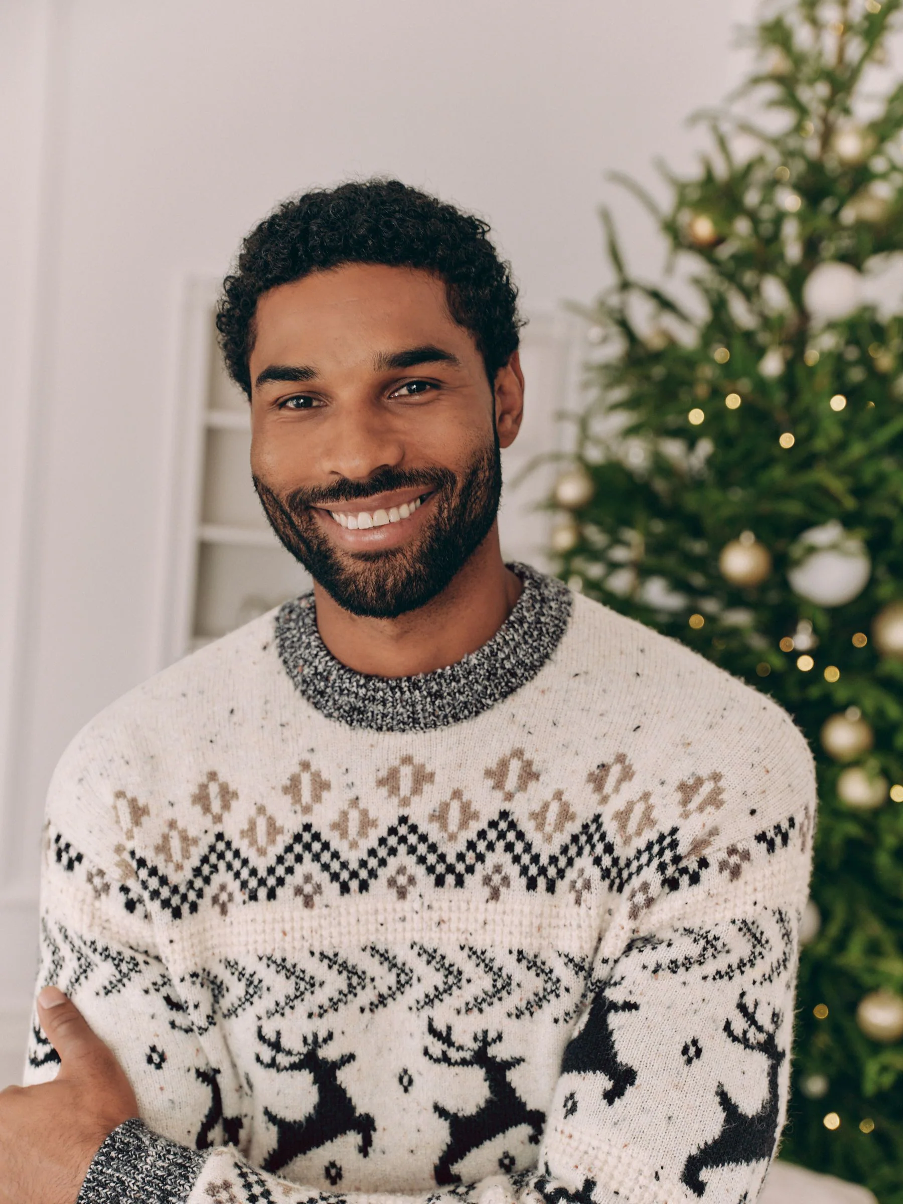 Zwart/wit - Matching Family kersttrui voor heren met Fairisle-patroon en hertmotief