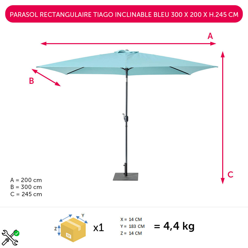 Parasol rectangulaire Tiago inclinable bleu 300 x 200 x H.245 cm
