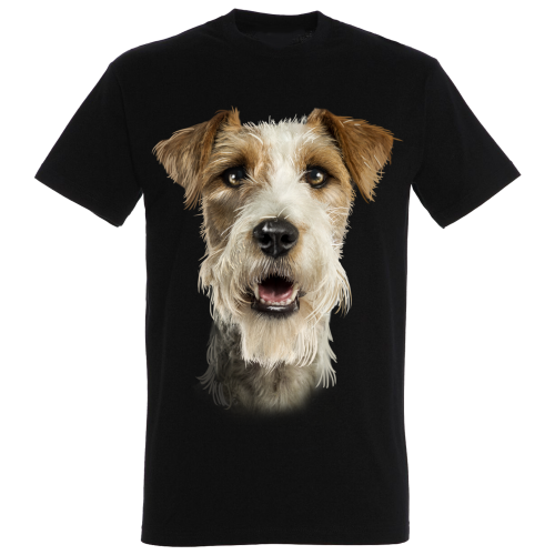 Camiseta preta masculina com estampa de Jack Russell de pelo comprido.