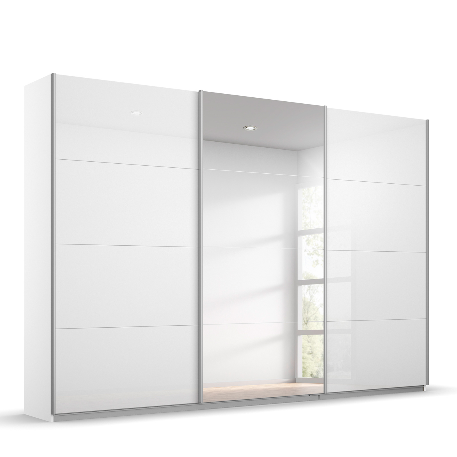 Schwebetürenschrank - weiß Hochglanz - alufarben - mit Spiegel - 271x210 cm