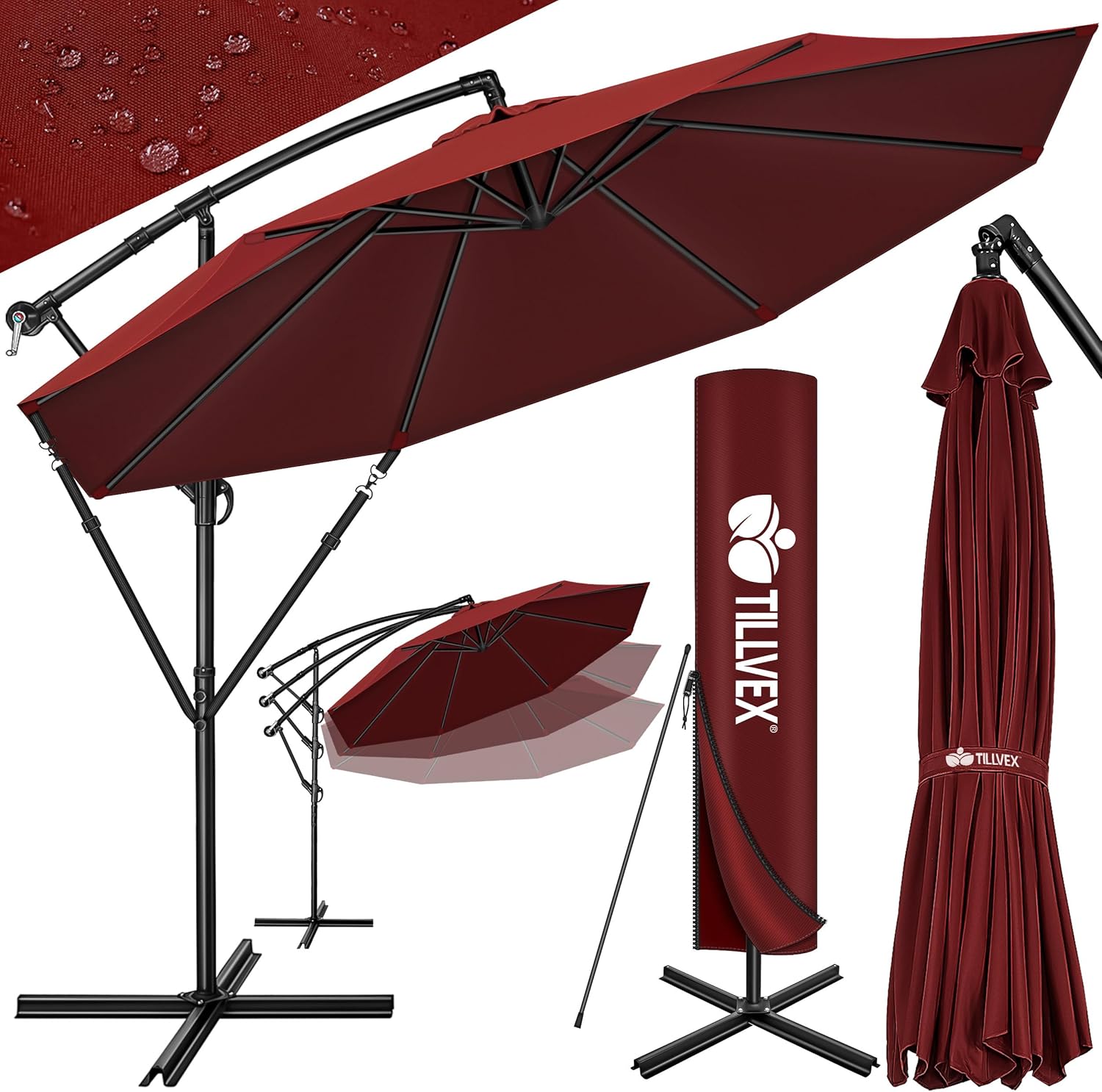 tillvex Alu Sonnenschirm + Abdeckung Ø 300 cm mit Kurbel | Ampelschirm mit Ständer & Windschutz | Gartenschirm UV-Schutz Aluminium | Kurbelschirm Marktschirm wasserdicht 360° drehbar