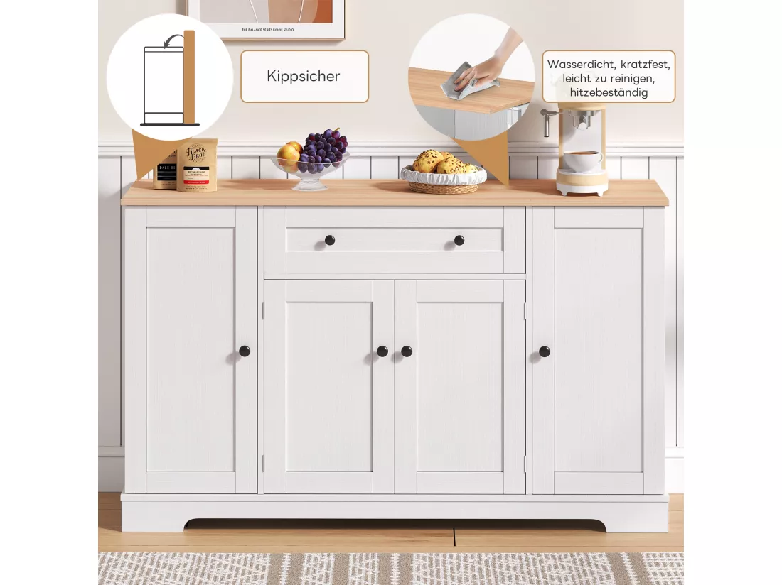 Buffet de cuisine avec 4 portes et 1 tiroir - 138 x 40 x 85 cm - Bois MDF - Tablettes réglables - Naturel + blanc