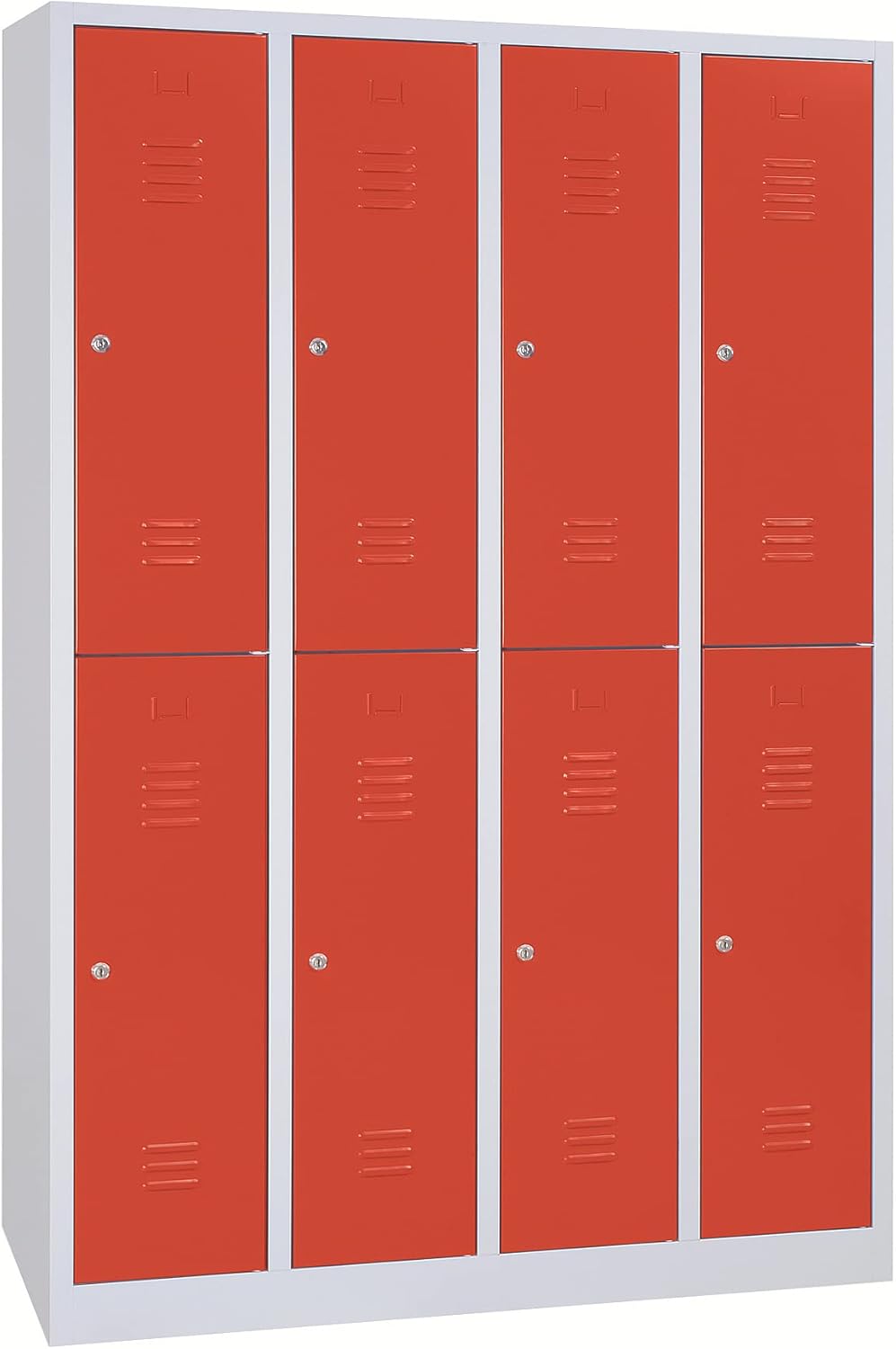 Schrank & Stuhl Spind – Metallspind mit 4 x 2 Abteilen in 195 x 117 x 50 cm, Schließfachschrank mit Zylinderschlössern, Lieferung komplett montiert, Grau/Rot